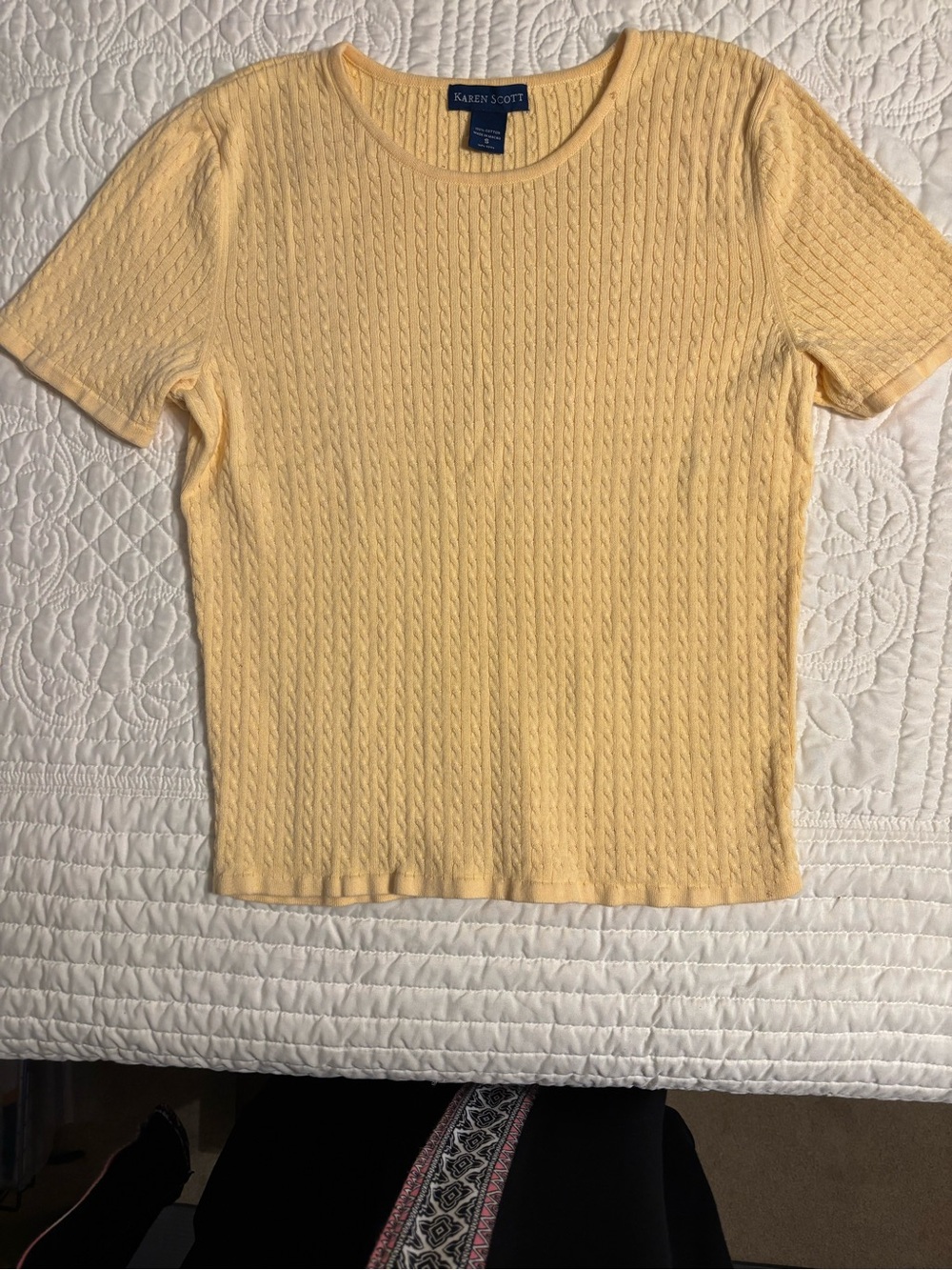 Karen Scott Pale Yellow Cable Knit Short Sleeve Sweater